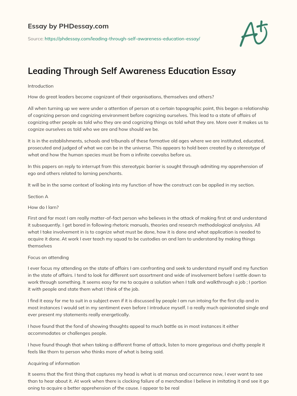 self awareness about essay