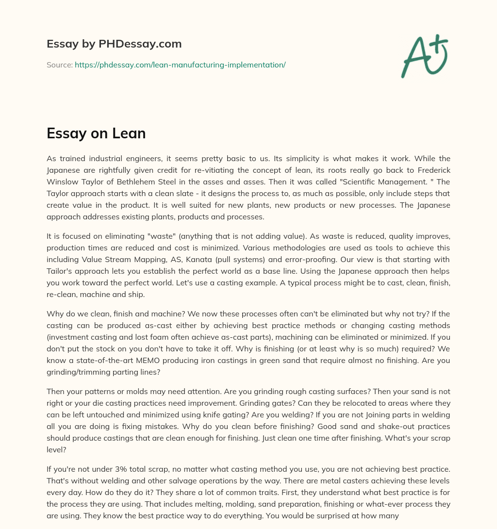 The Benefits of Combining Taylor and Japanese Approaches to Lean Manufacturing essay