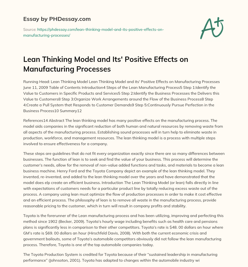 Lean Thinking Model and Its’ Positive Effects on Manufacturing Processes essay