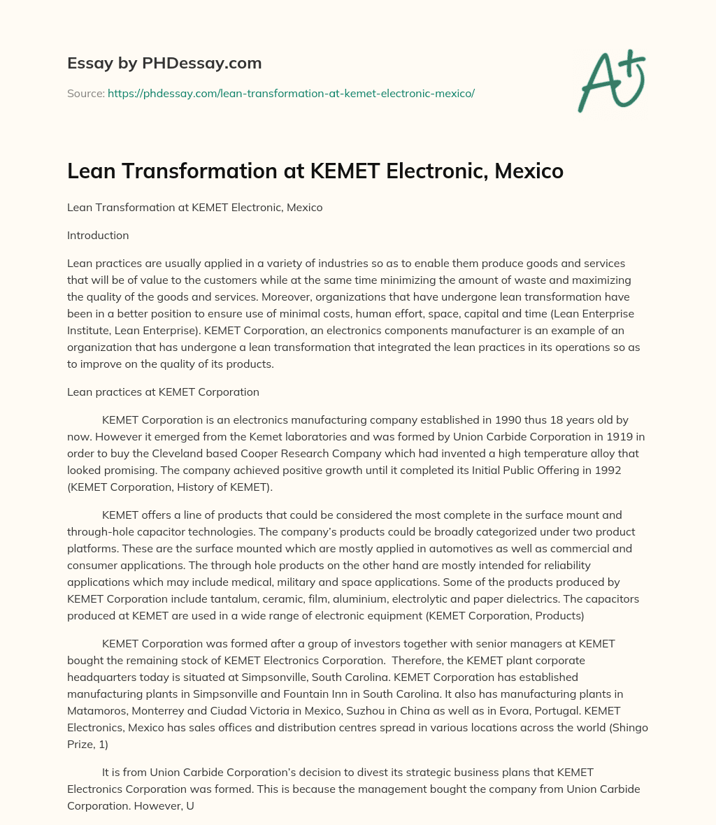 Lean Transformation at KEMET Electronic, Mexico essay