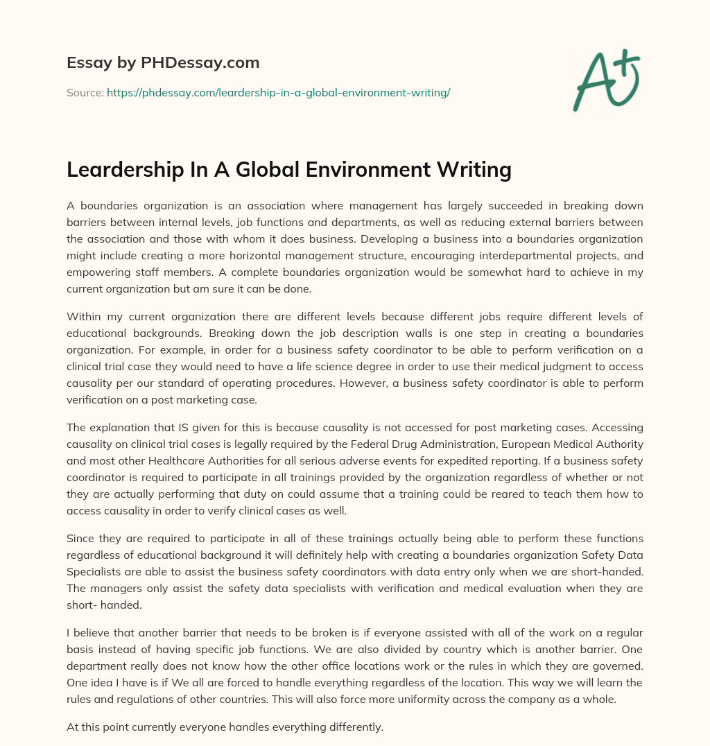 Leardership In A Global Environment Writing essay