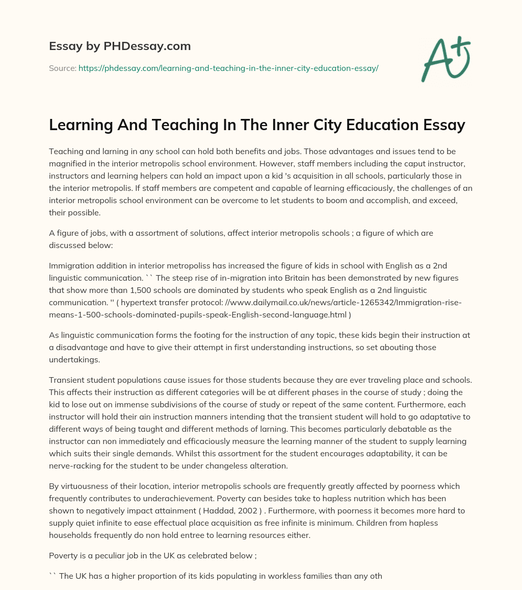 Learning And Teaching In The Inner City Education Essay essay