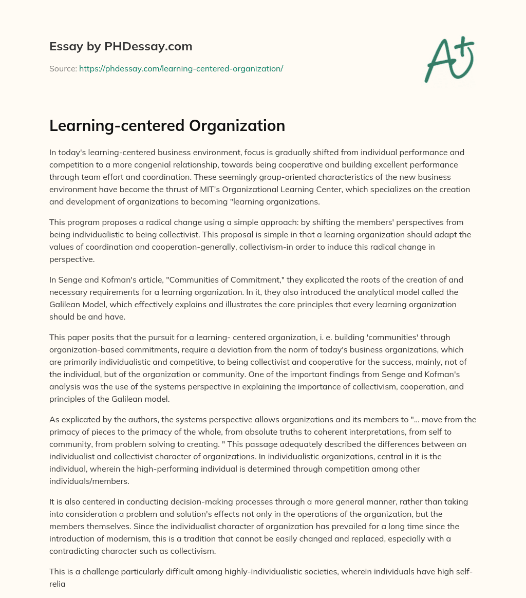 Learning-centered Organization essay
