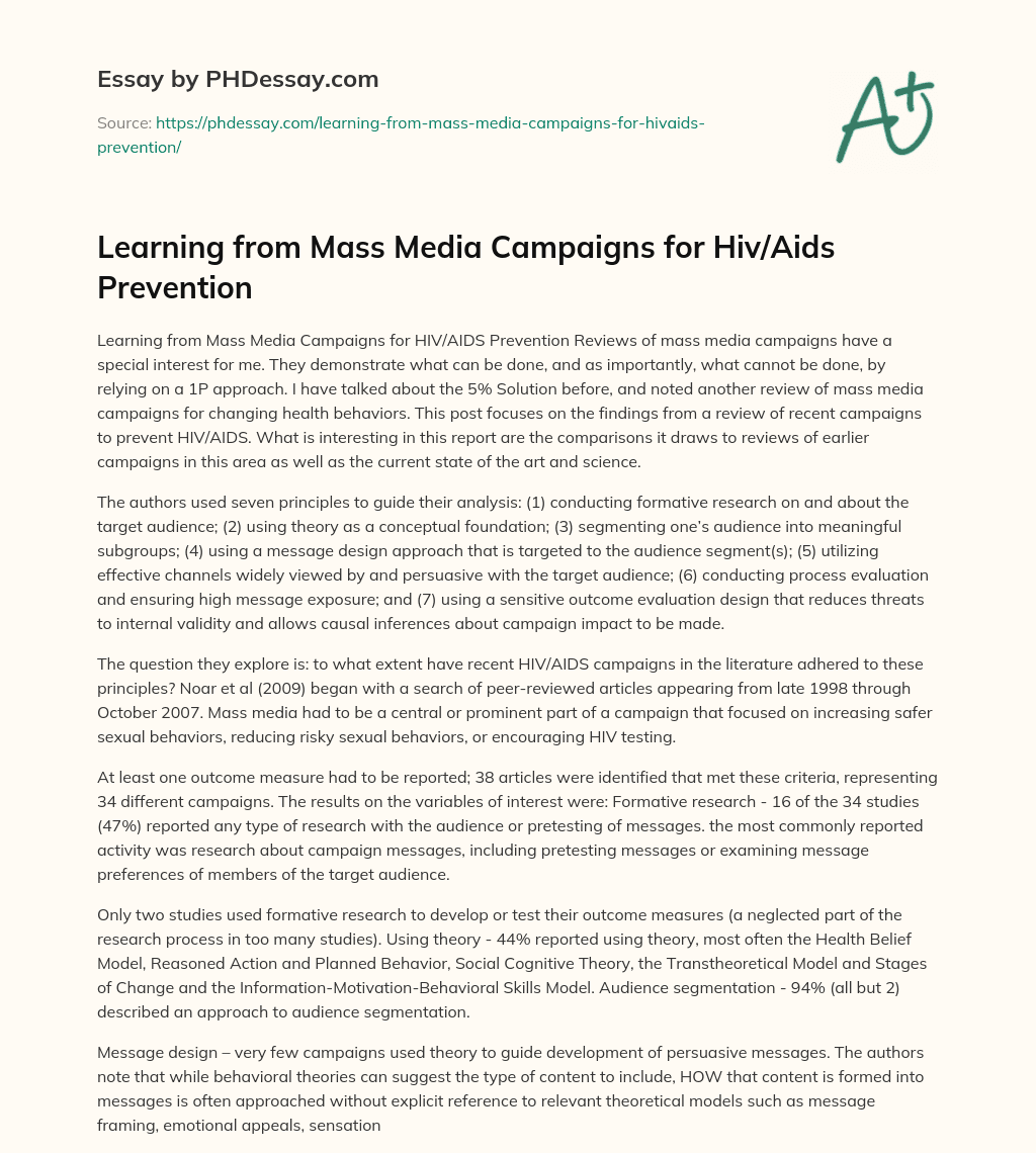 Learning from Mass Media Campaigns for Hiv/Aids Prevention essay
