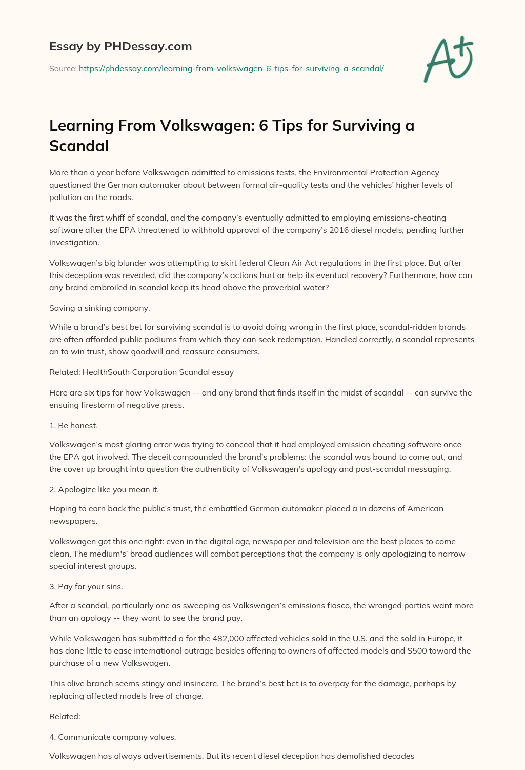 Learning From Volkswagen: 6 Tips for Surviving a Scandal essay