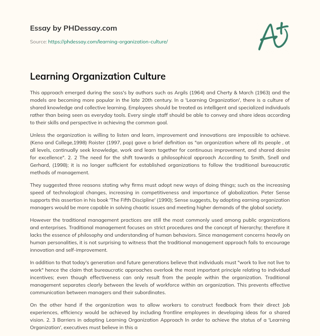 Learning Organization Culture essay