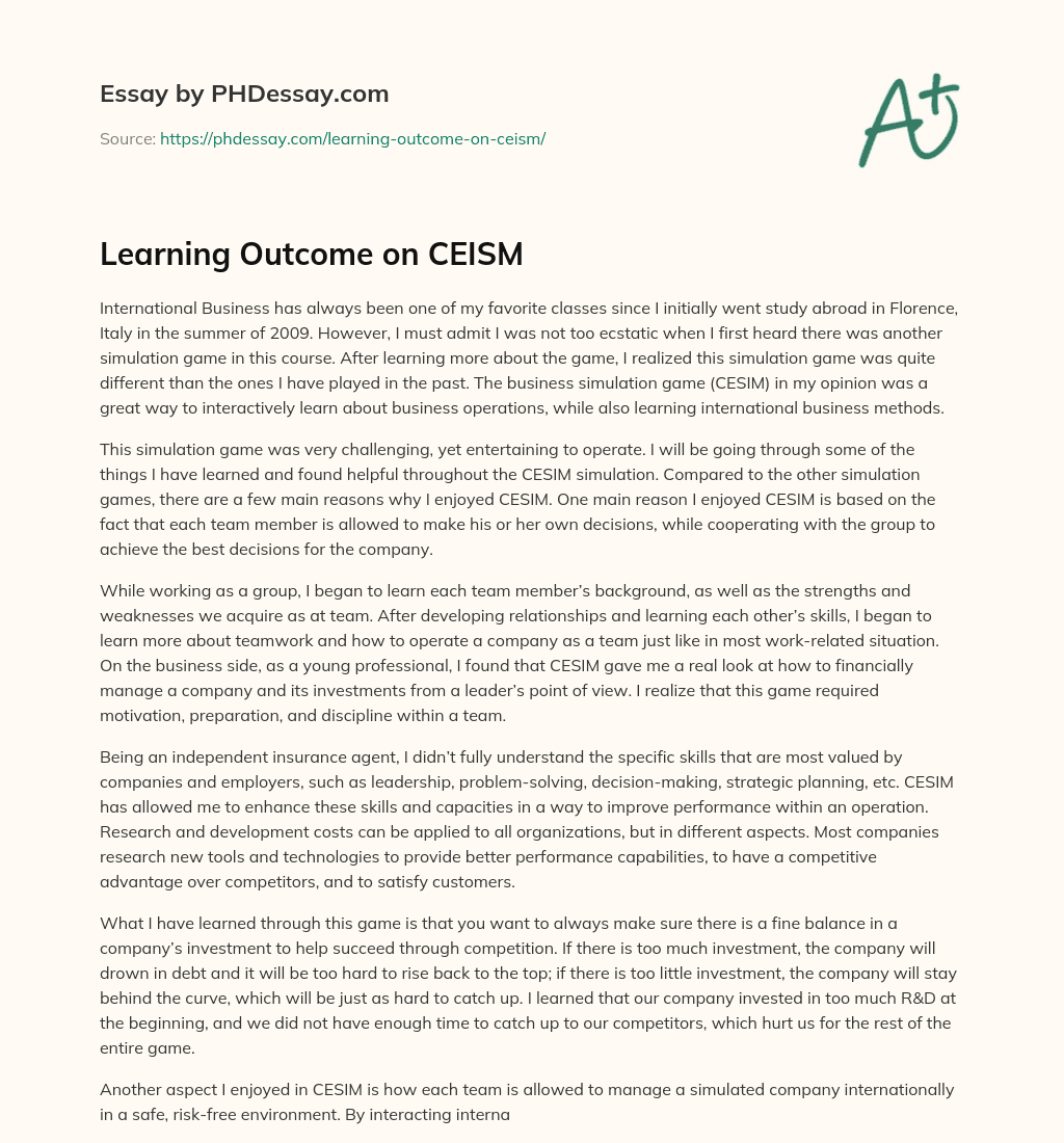 Learning Outcome on CEISM essay