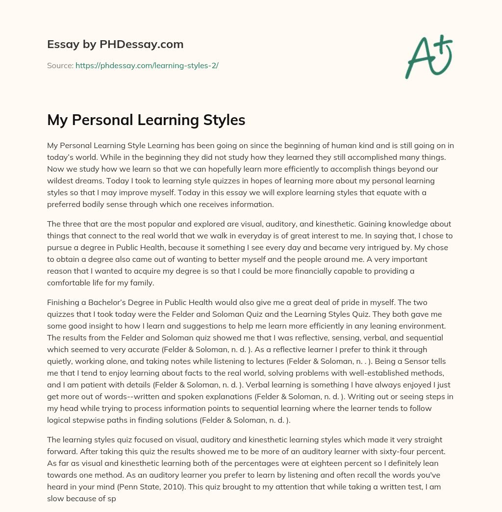 My Personal Learning Styles essay