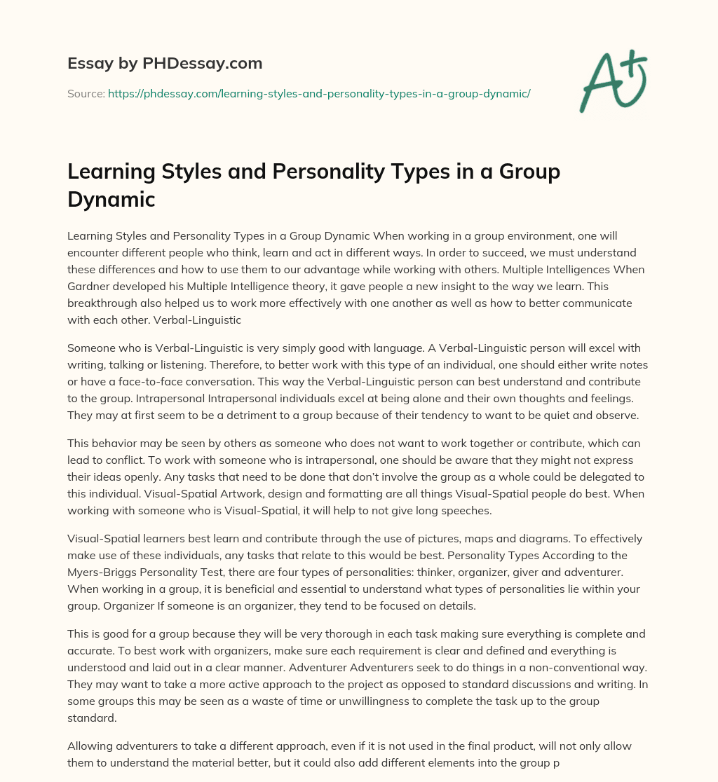 Learning Styles and Personality Types in a Group Dynamic essay