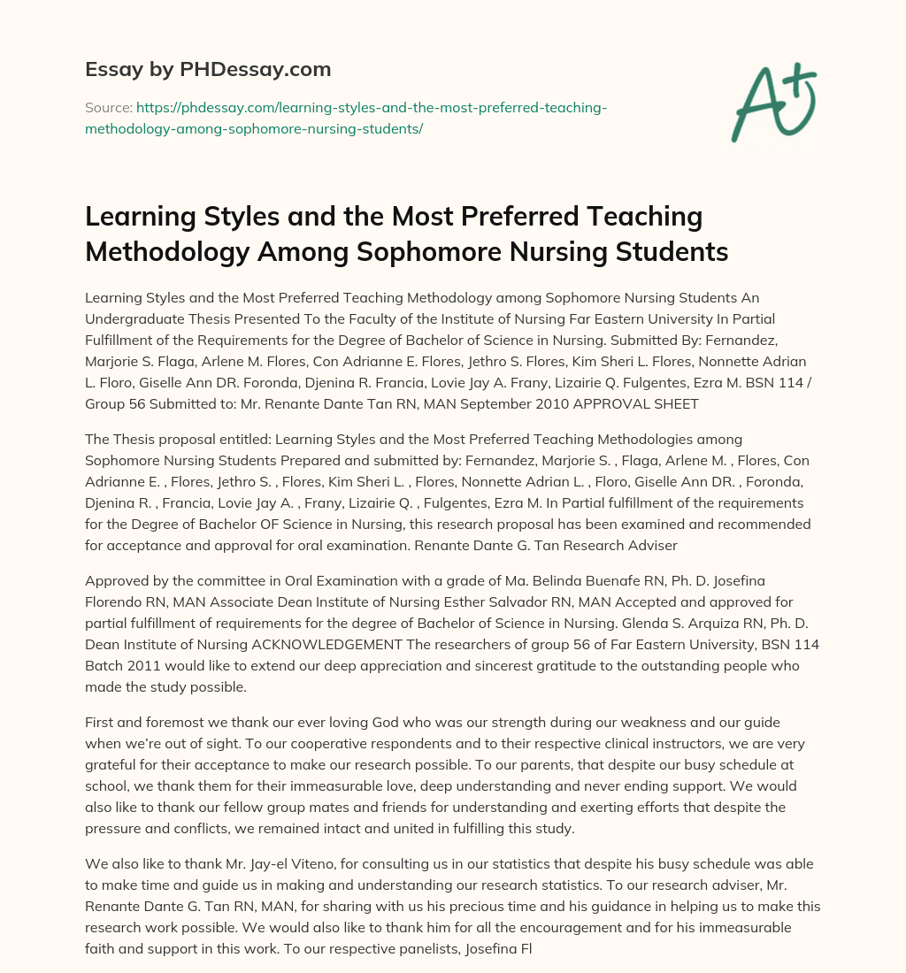 Learning Styles and the Most Preferred Teaching Methodology Among Sophomore Nursing Students essay