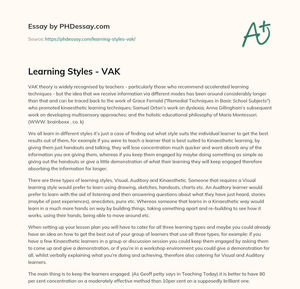 vak learning styles essay