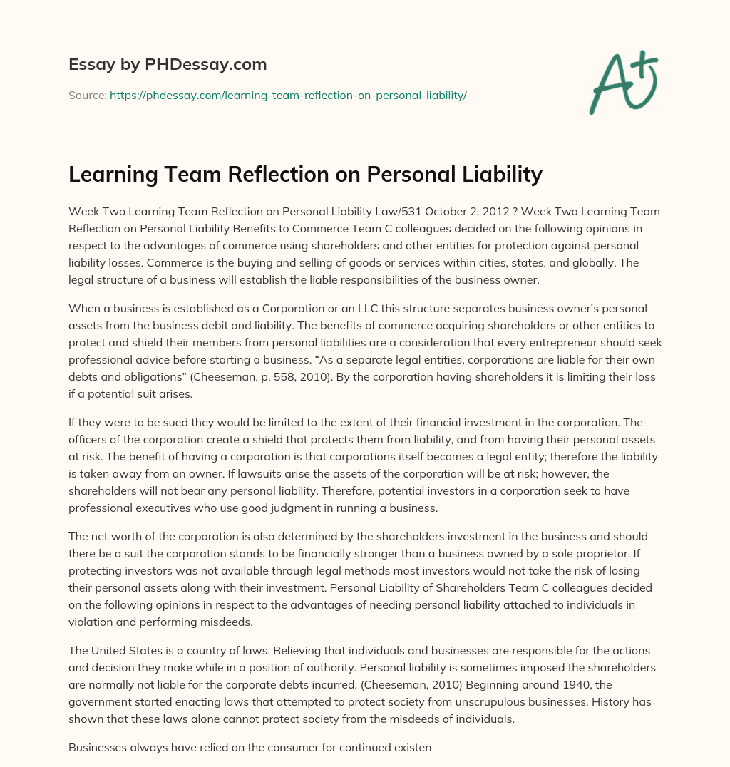 Learning Team Reflection on Personal Liability essay