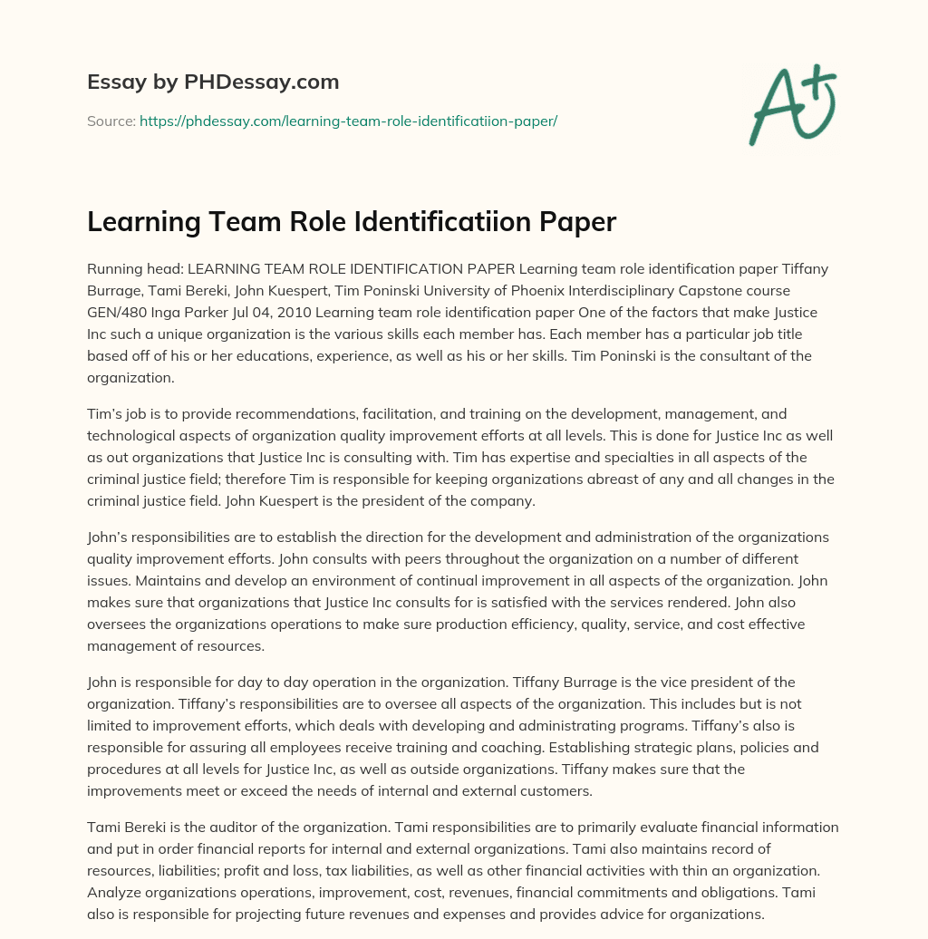 Learning Team Role Identificatiion Paper essay