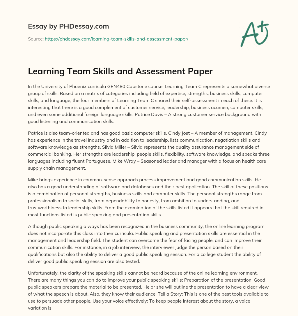 Learning Team Skills and Assessment Paper essay