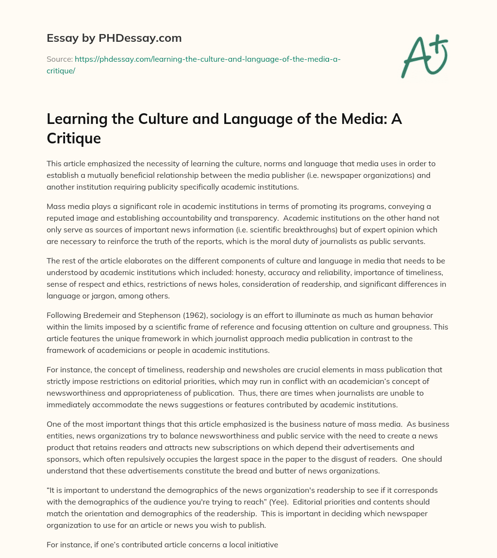 Learning the Culture and Language of the Media: A Critique essay