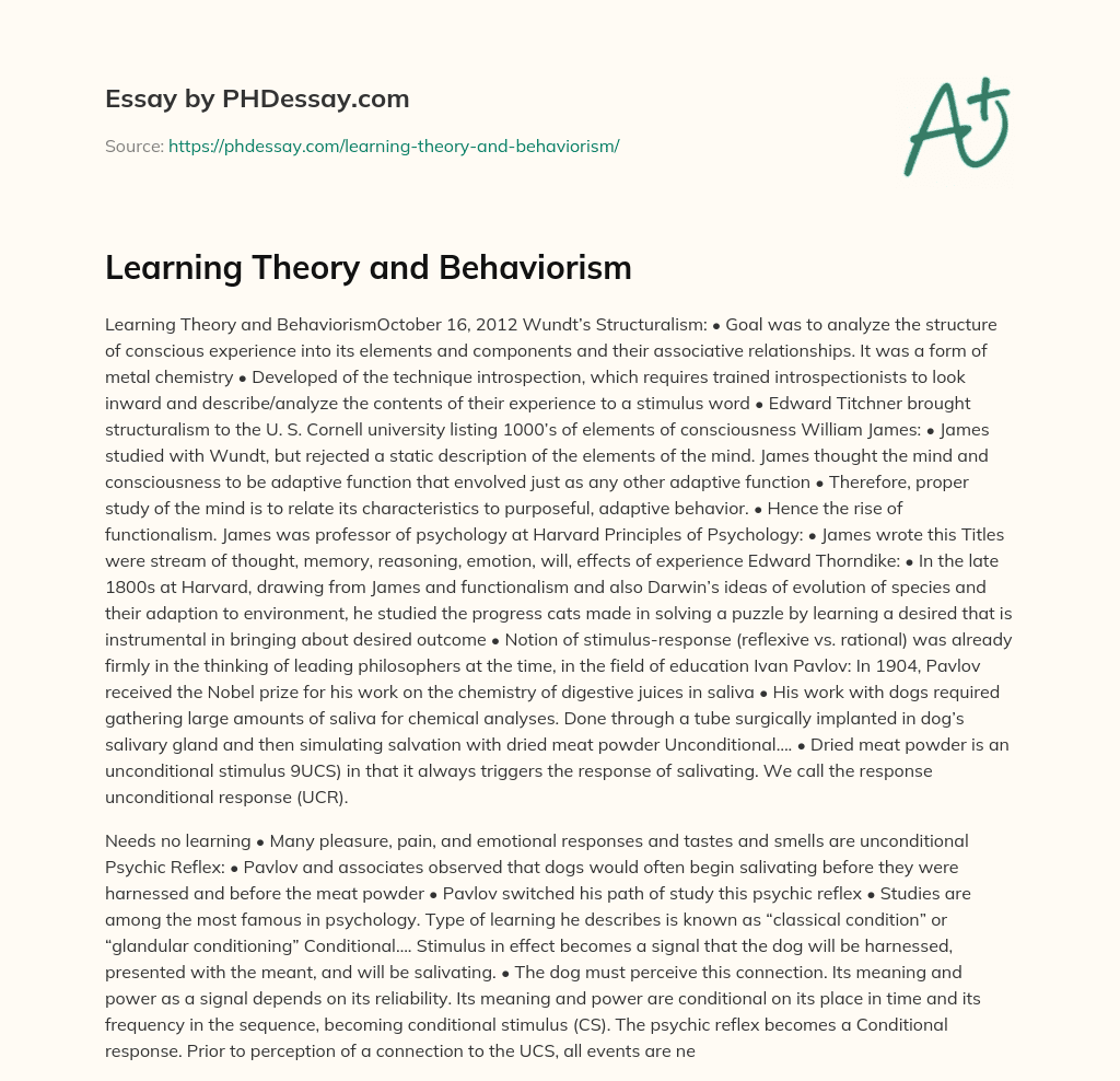Learning Theory and Behaviorism essay