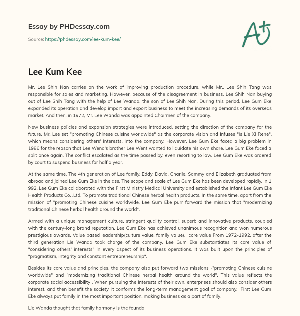 The History of Lee Gum Eke: From Family Business to Corporate Vision and Conflict essay