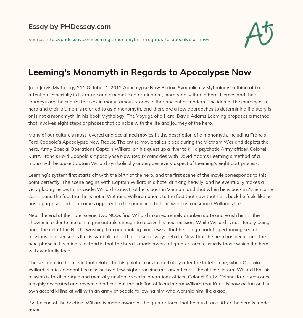 Leeming’s Monomyth in Regards to Apocalypse Now essay