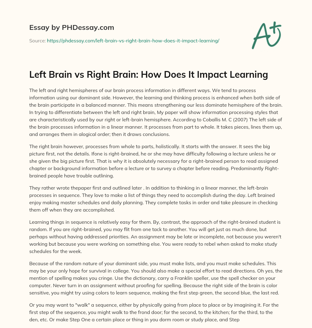Left Brain vs Right Brain: How Does It Impact Learning essay