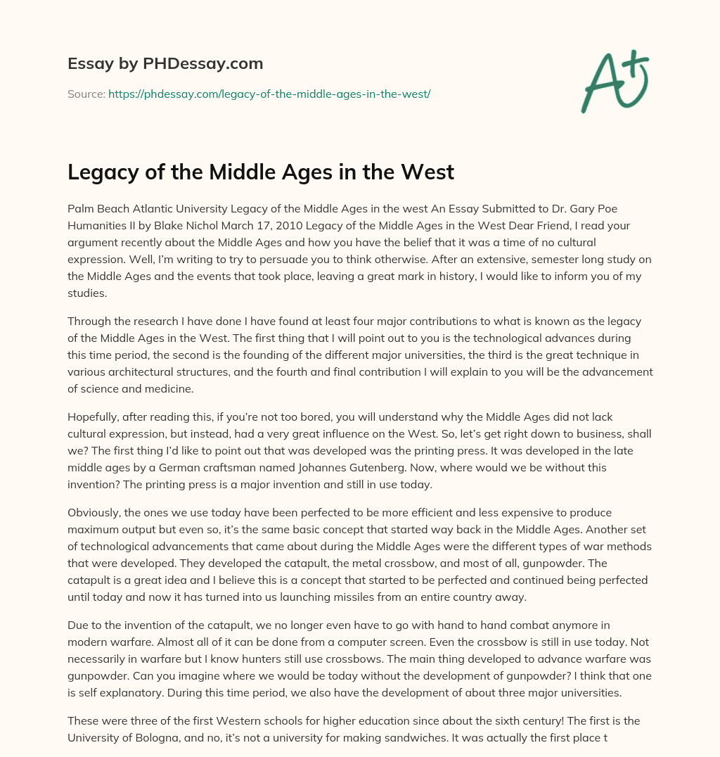 Legacy of the Middle Ages in the West essay