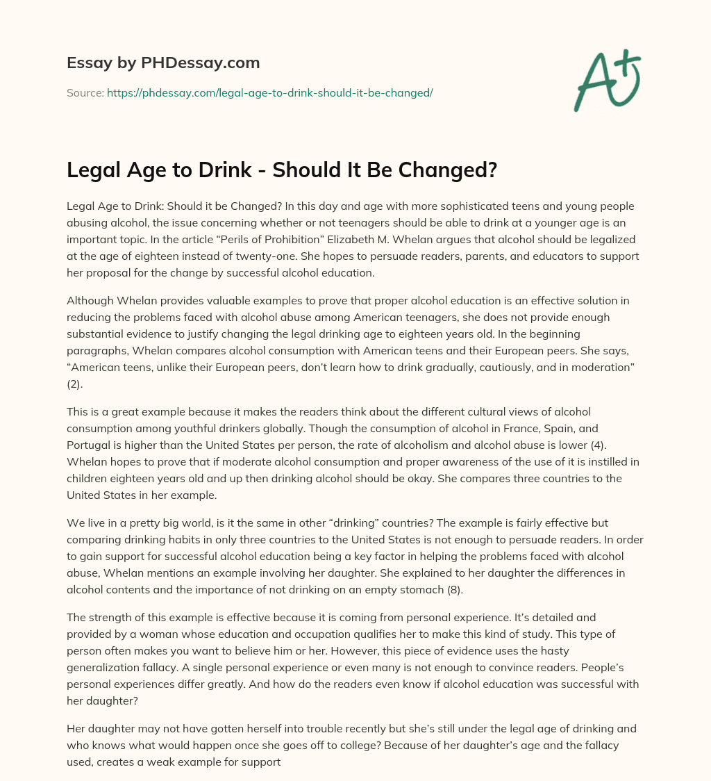 Legal Age to Drink – Should It Be Changed? essay