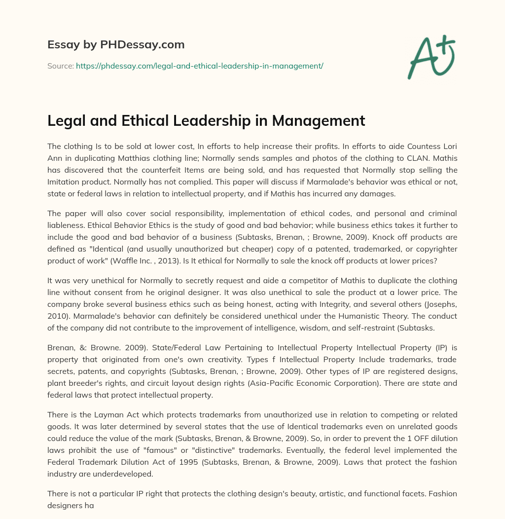 Legal and Ethical Leadership in Management essay