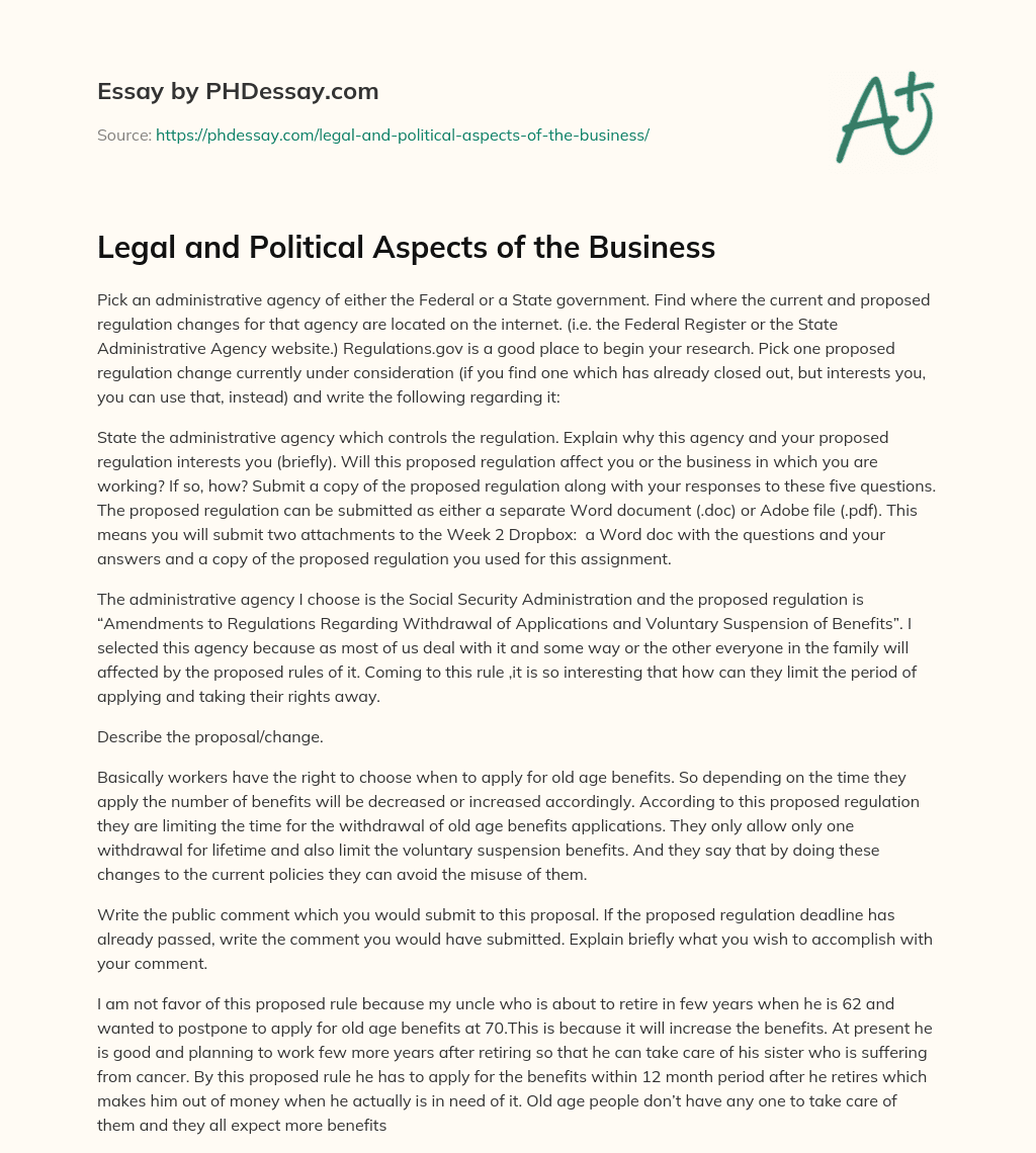 Legal and Political Aspects of the Business essay