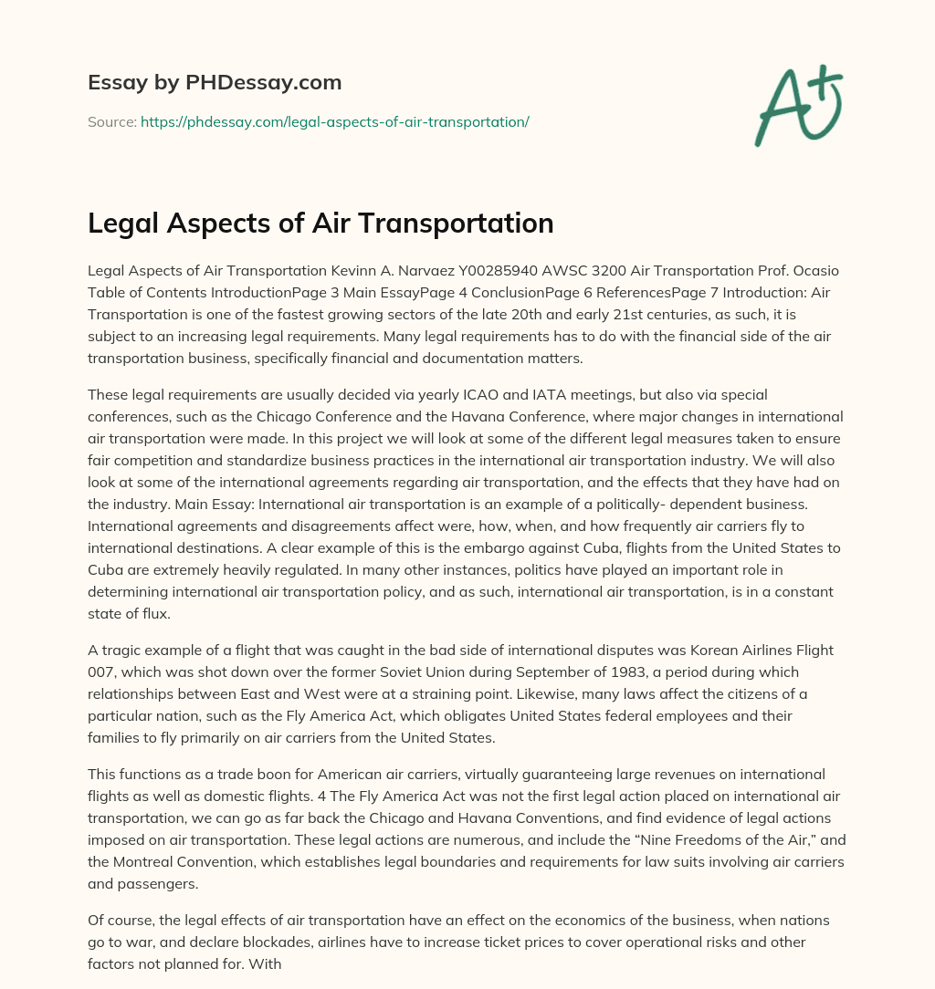 Legal Aspects of Air Transportation essay