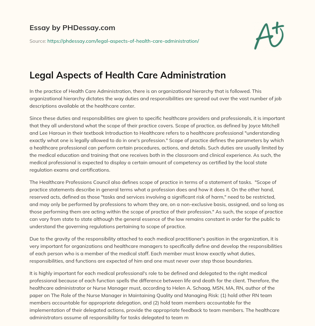 Legal Aspects of Health Care Administration essay