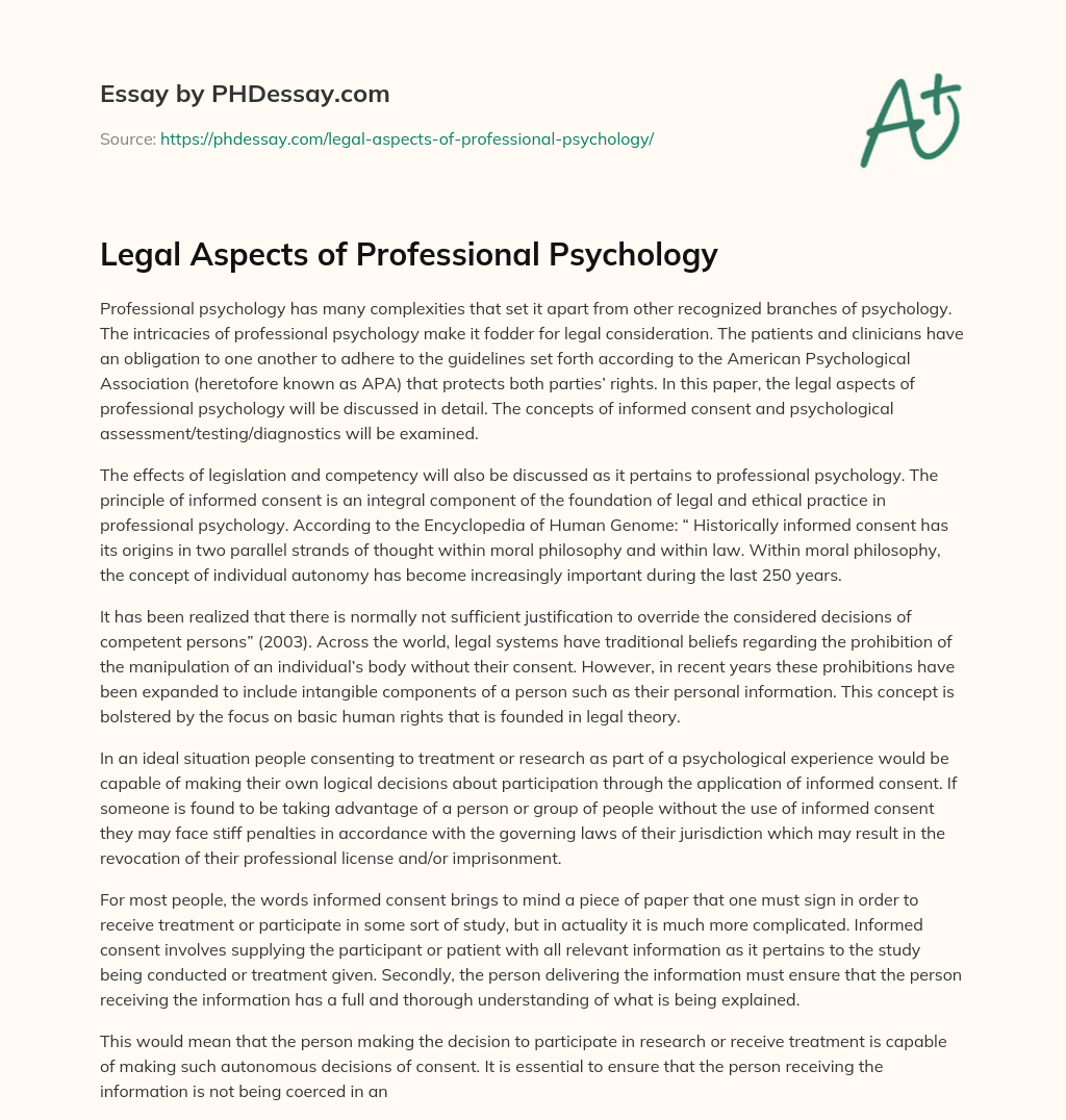 Legal Aspects of Professional Psychology essay