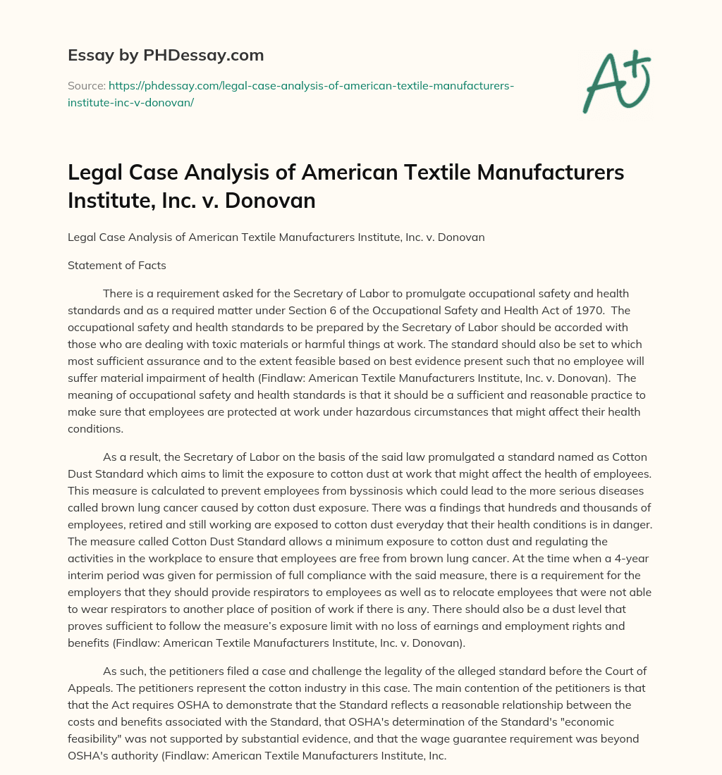 Legal Case Analysis of American Textile Manufacturers Institute, Inc. v. Donovan essay