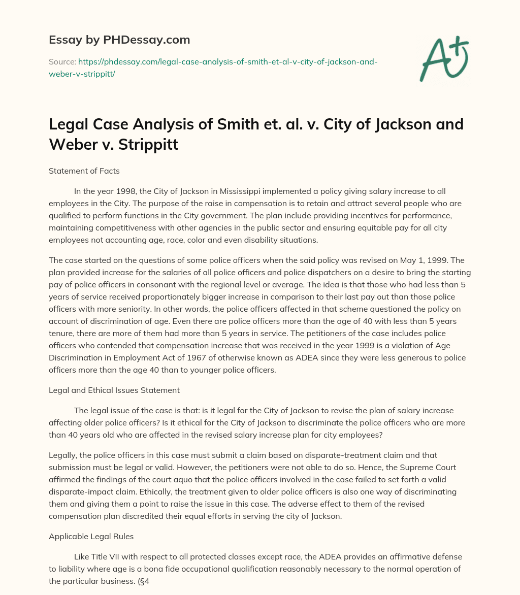 Legal Case Analysis of Smith et. al. v. City of Jackson and Weber v. Strippitt essay