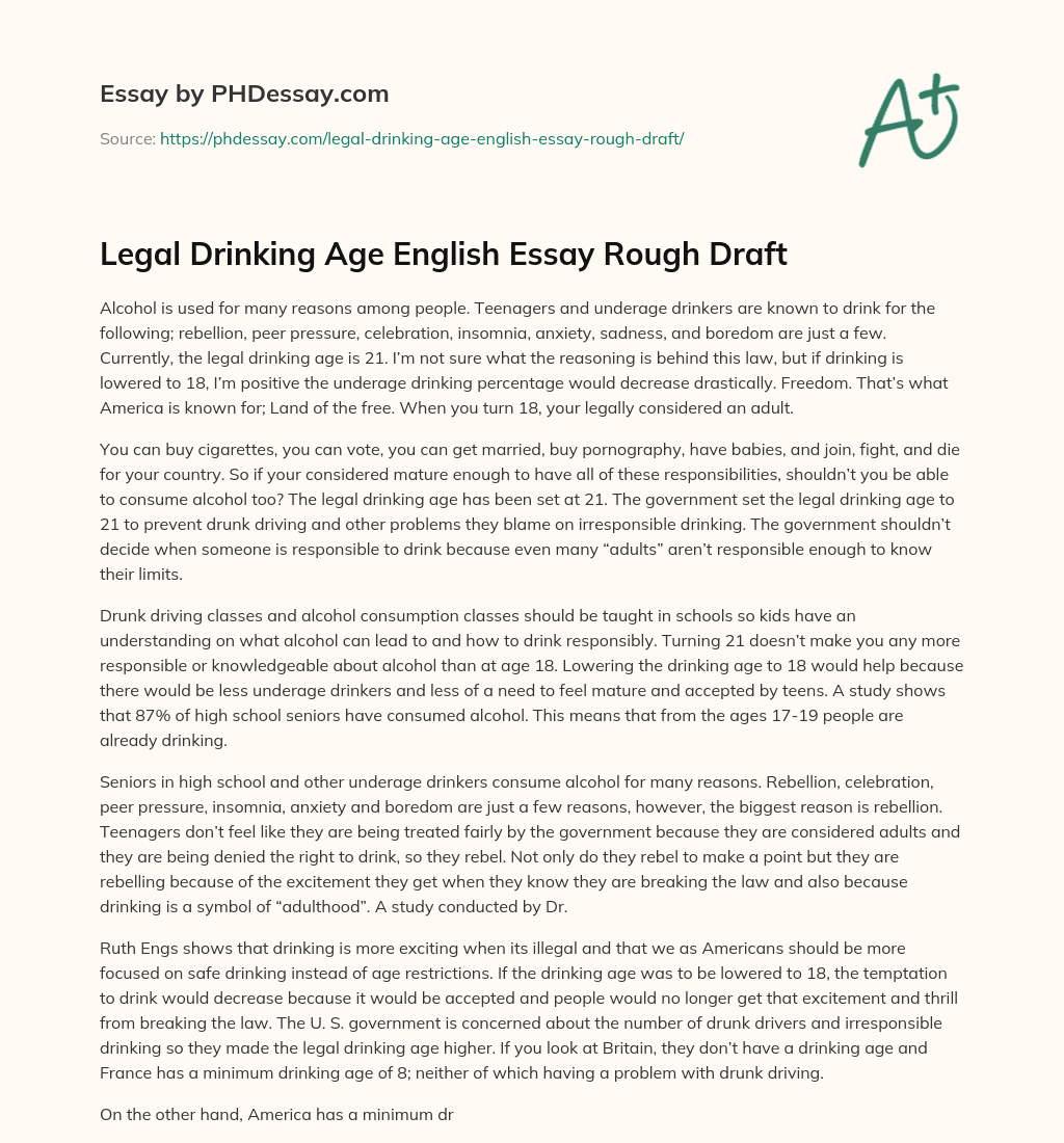 Legal Drinking Age English Essay Rough Draft essay