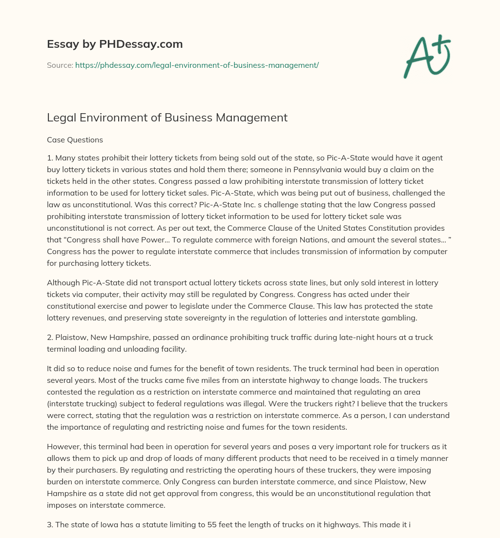 Legal Environment of Business Management essay