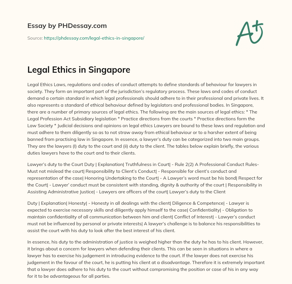 Legal Ethics in Singapore essay