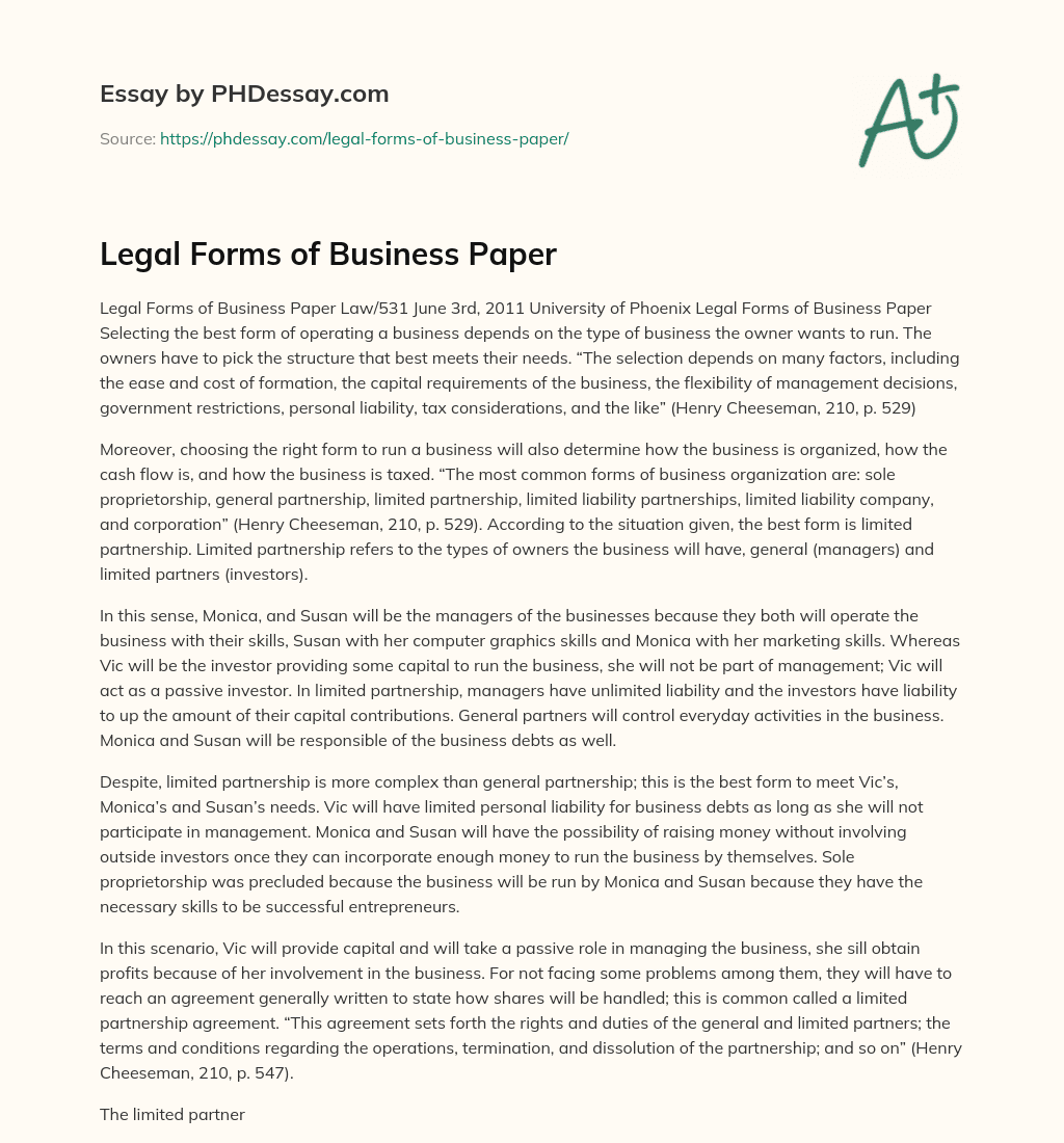 Legal Forms of Business Paper essay