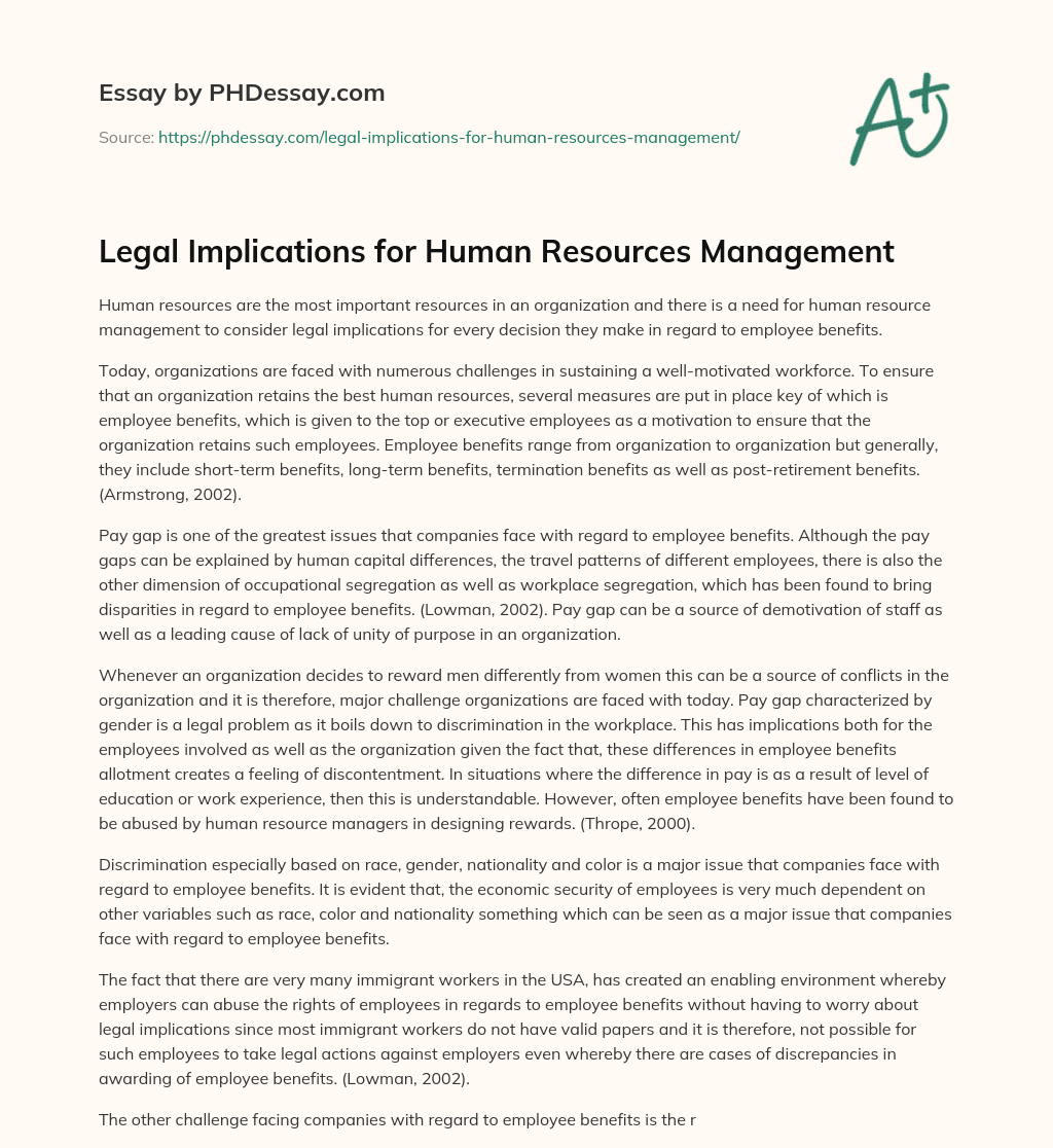 Legal Implications for Human Resources Management essay