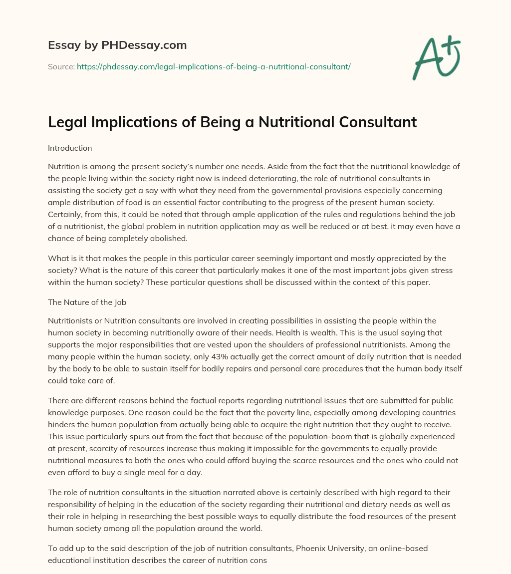 Legal Implications of Being a Nutritional Consultant essay