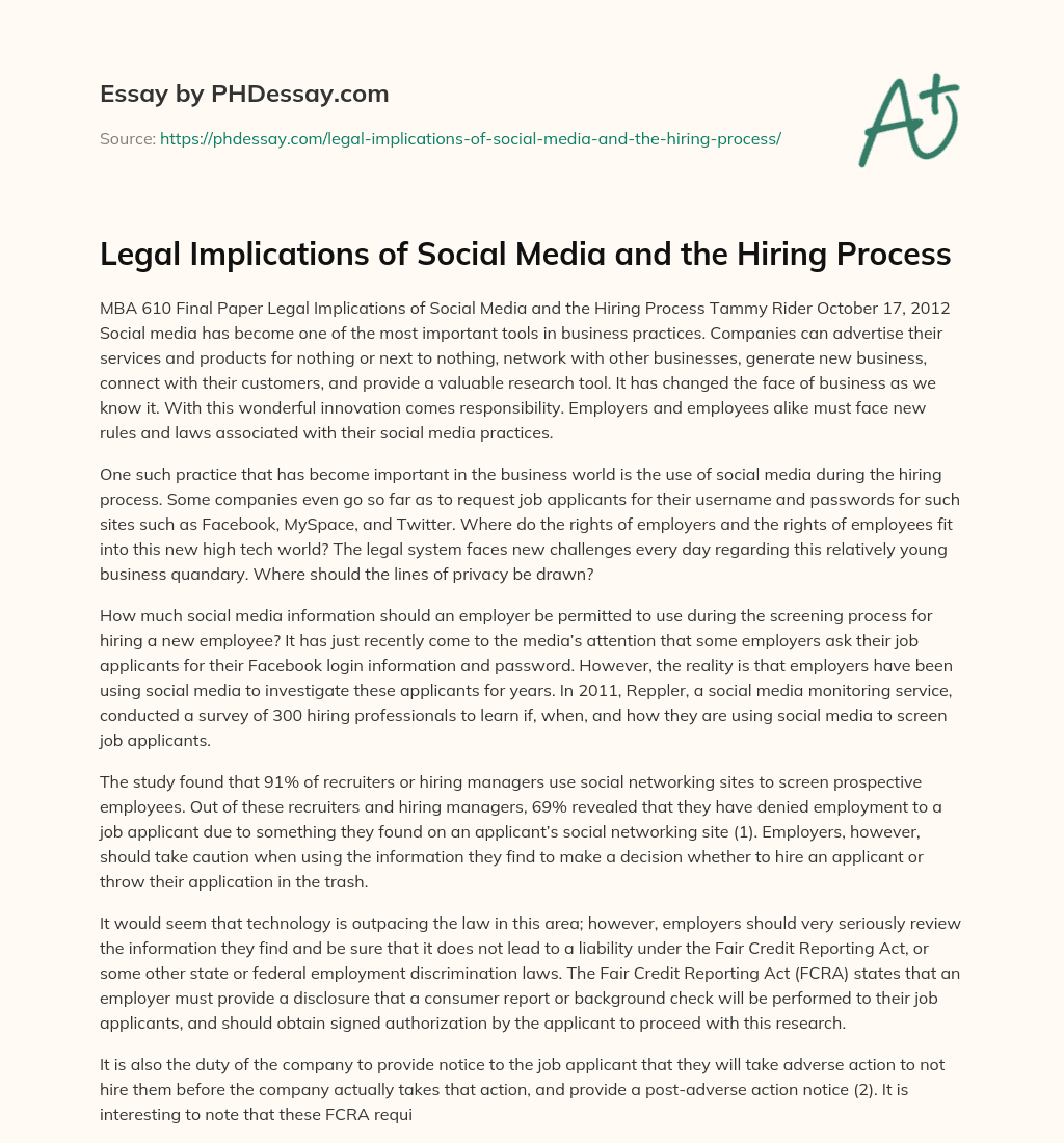 Legal Implications of Social Media and the Hiring Process essay
