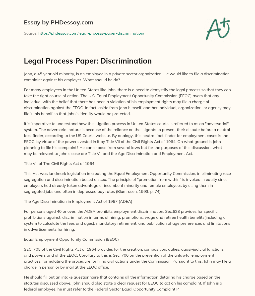 Legal Process Paper: Discrimination essay
