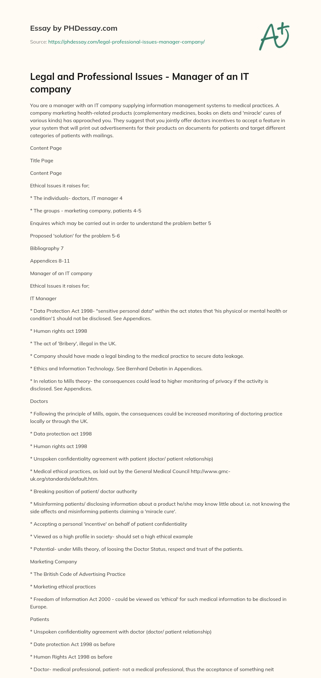 Legal and Professional Issues – Manager of an IT company essay