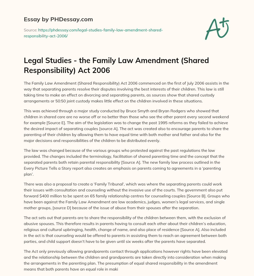 Legal Studies – the Family Law Amendment (Shared Responsibility) Act 2006 essay