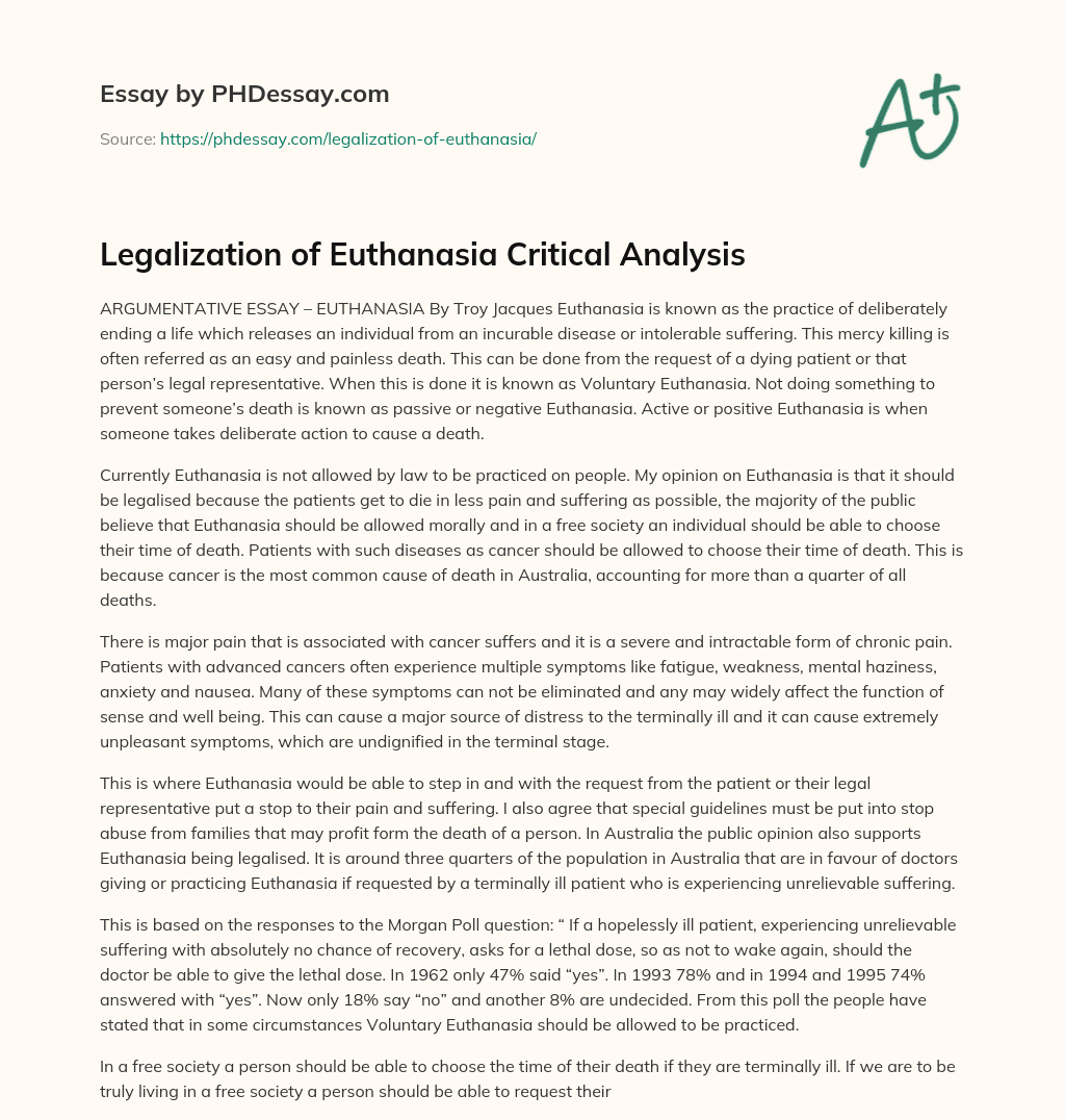 Legalization of Euthanasia Critical Analysis essay