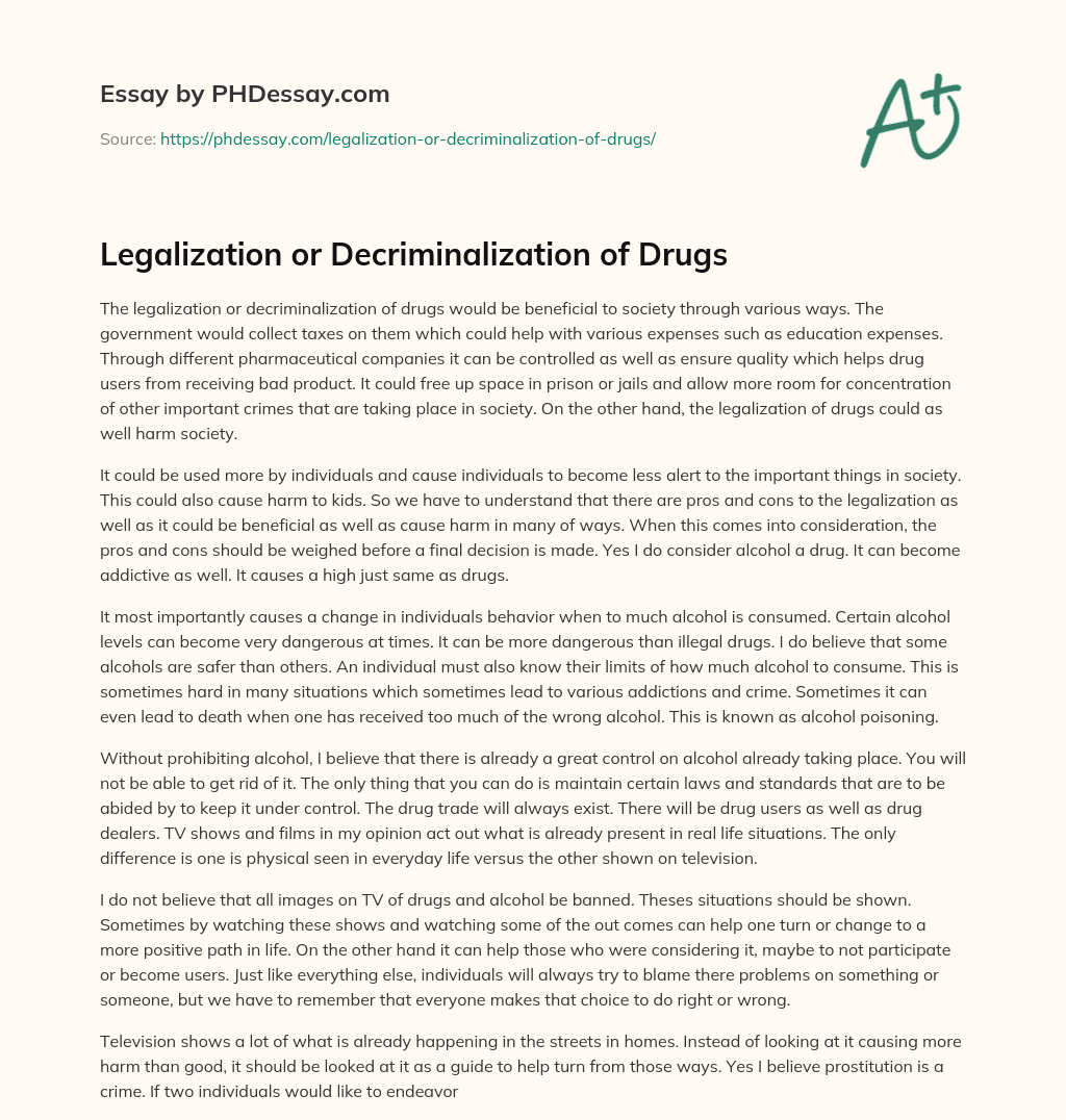 decriminalization of drugs canada essay