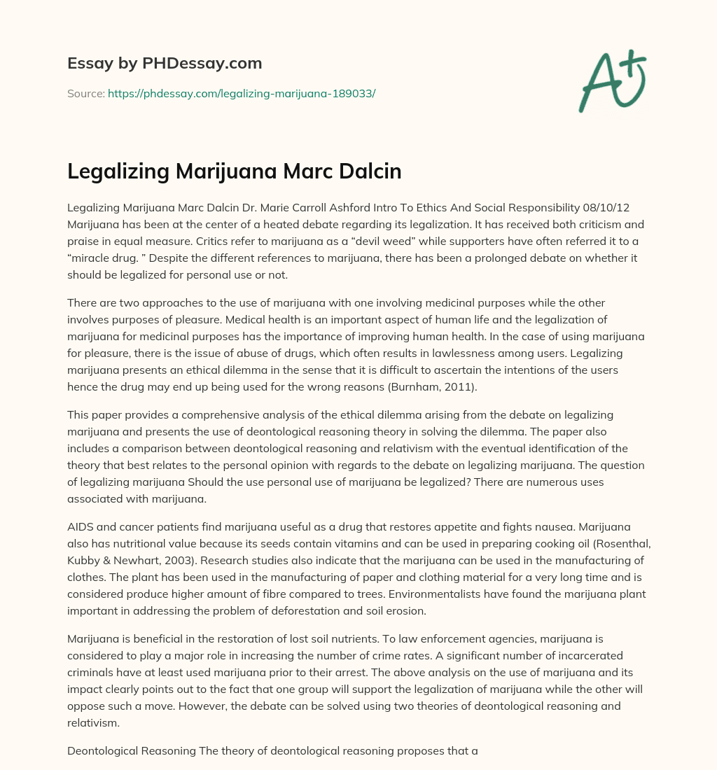 Legalizing Marijuana Marc Dalcin essay