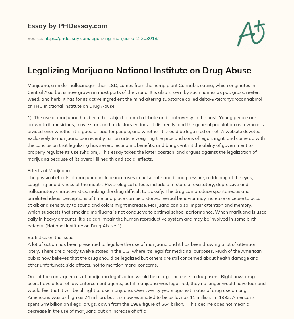 Legalizing Marijuana National Institute on Drug Abuse essay