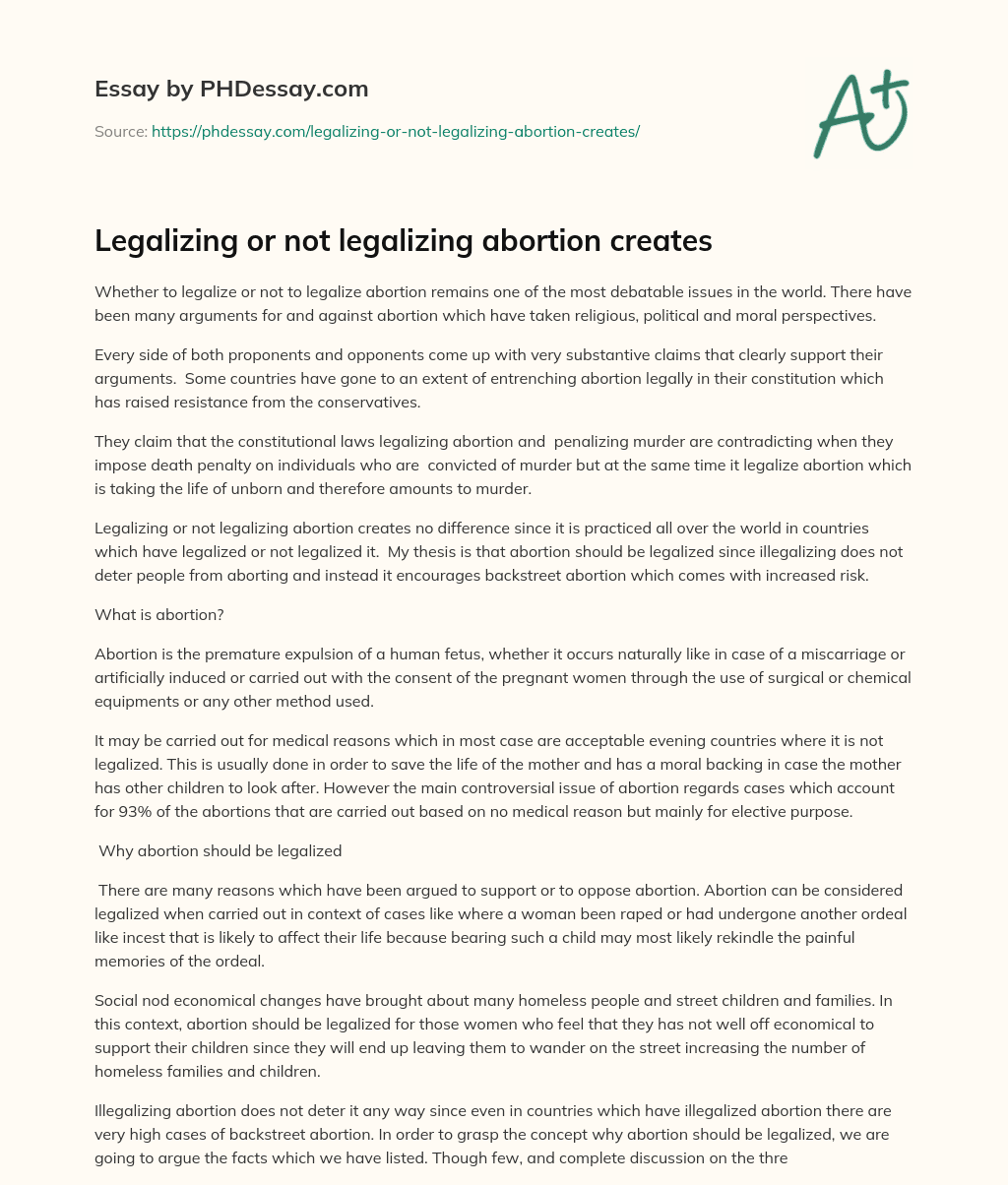 Legalizing or not legalizing abortion creates essay