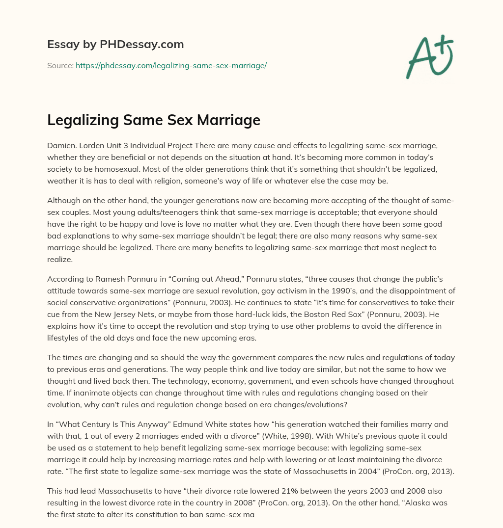 Legalizing Same Sex Marriage essay