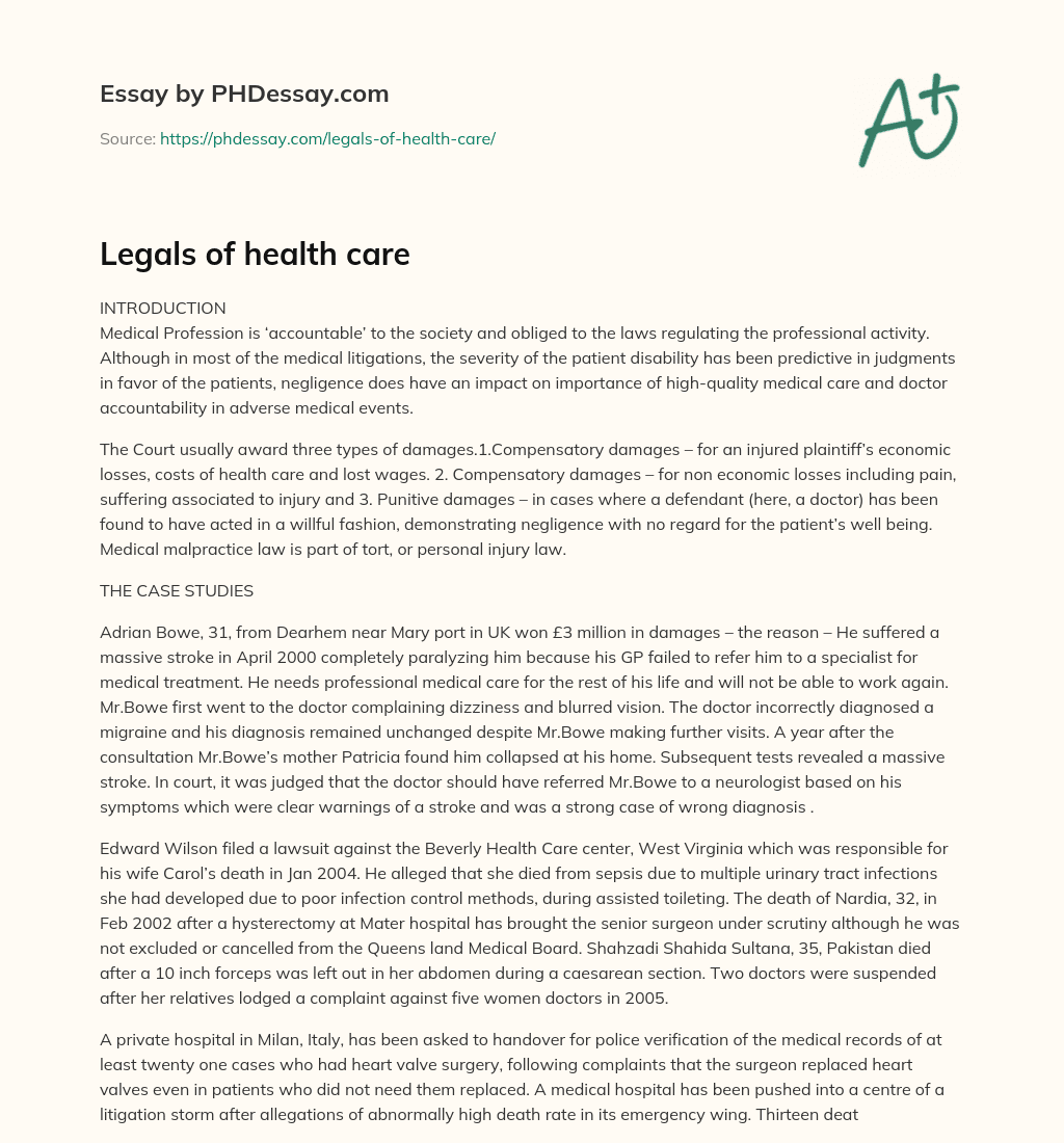 Legals of health care essay