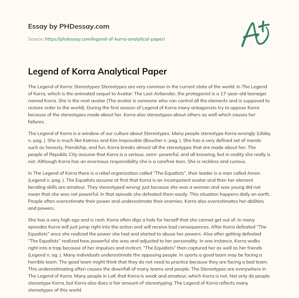 Legend of Korra Analytical Paper essay
